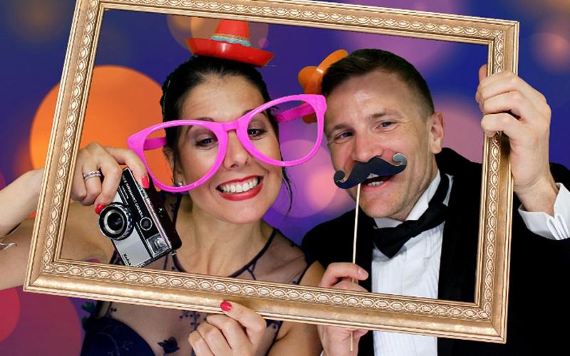 Two Bonnys Whitewed Directory approved wedding party photo booth closed unlimited visits props customisable photo templates backdrops instant print traditional slip photos Swindon Wiltshire frame camera moustache glasses hats