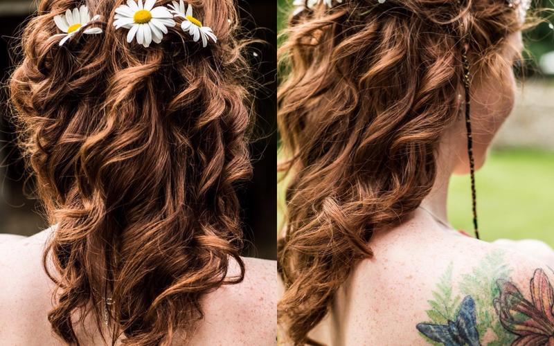 Jules Makeup Artistry & Hair Design Whitewed Directory Approved Makeup Hair Stylist Artist Flawless Bridal Witney Oxfordshire UK Destination Wedding Curled half updo daisy flowers in hair