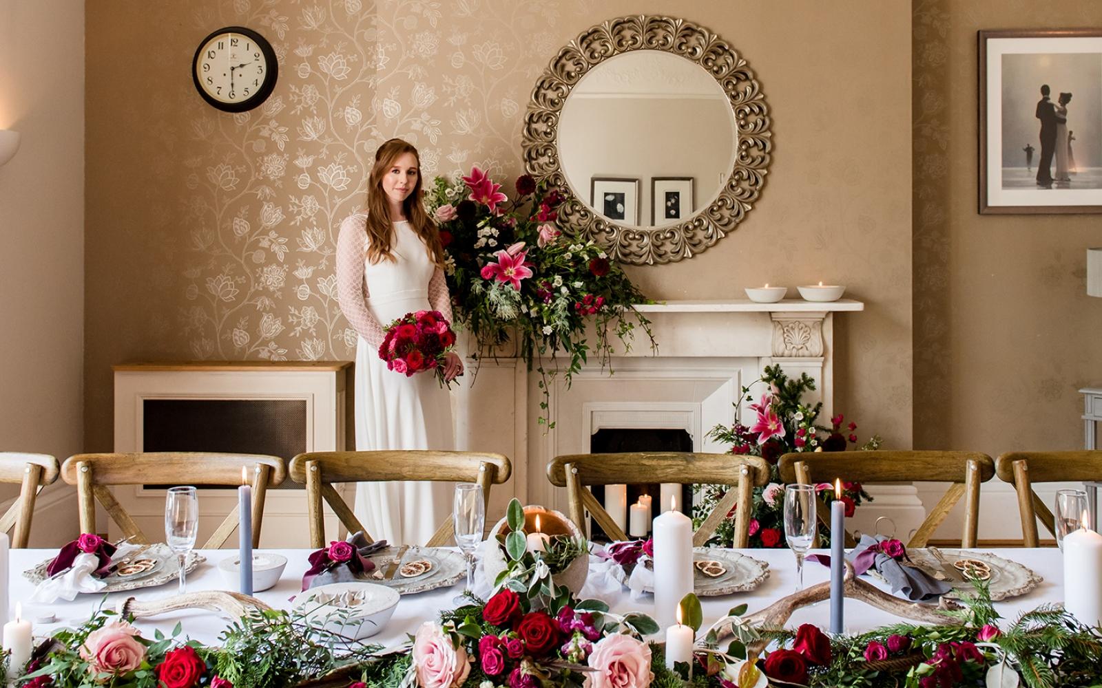 Long sleeved bridal gown top table floral winter 