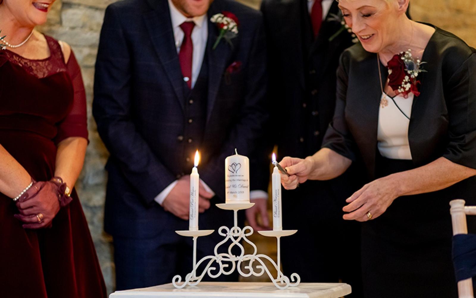 Copper & Blossom Real wedding Photography Wiltshire The Great Tythe Barn Tetbury  lighting of the candles