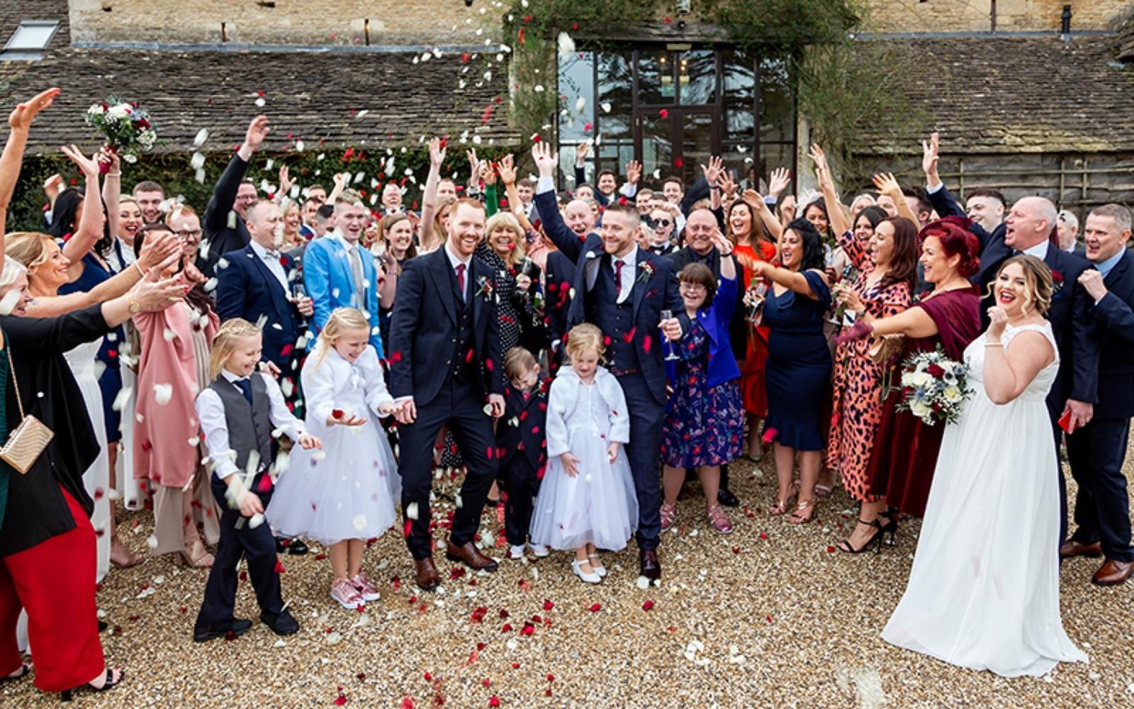 Copper & Blossom Real wedding Photography Wiltshire The Great Tythe Barn Tetbury  just married natural confetti bridesmaids