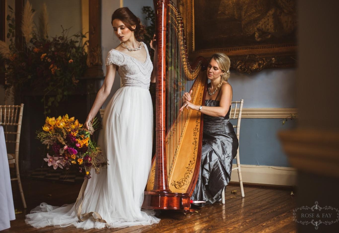 Styled Shot Avante Garde wedding venue Devizes Town Hall Whitewed Willoughby & Wolf Hibiscus & Hodge Pastel Designs classical whimsical autumnal rich harpist grandeur