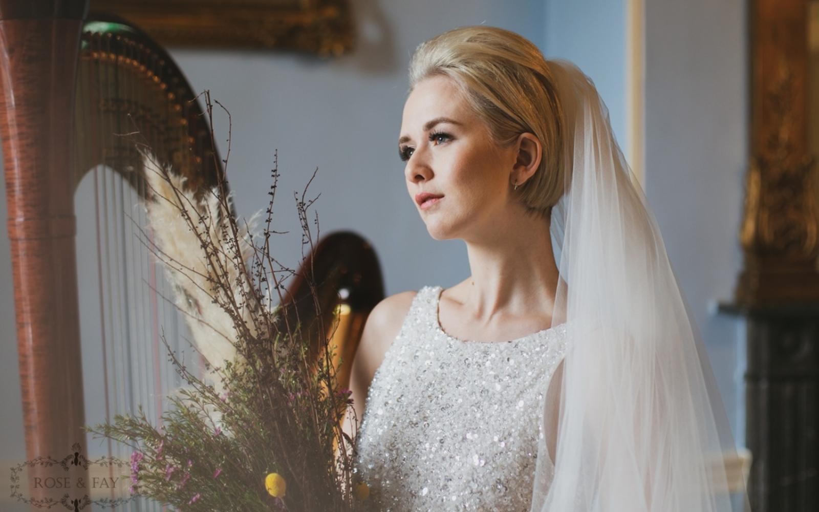 Styled Shot Avante Garde wedding venue Devizes Town Hall Whitewed Willoughby & Wolf Hibiscus & Hodge Pastel Designs classical whimsical autumnal rich beaded dress veil grasses harp