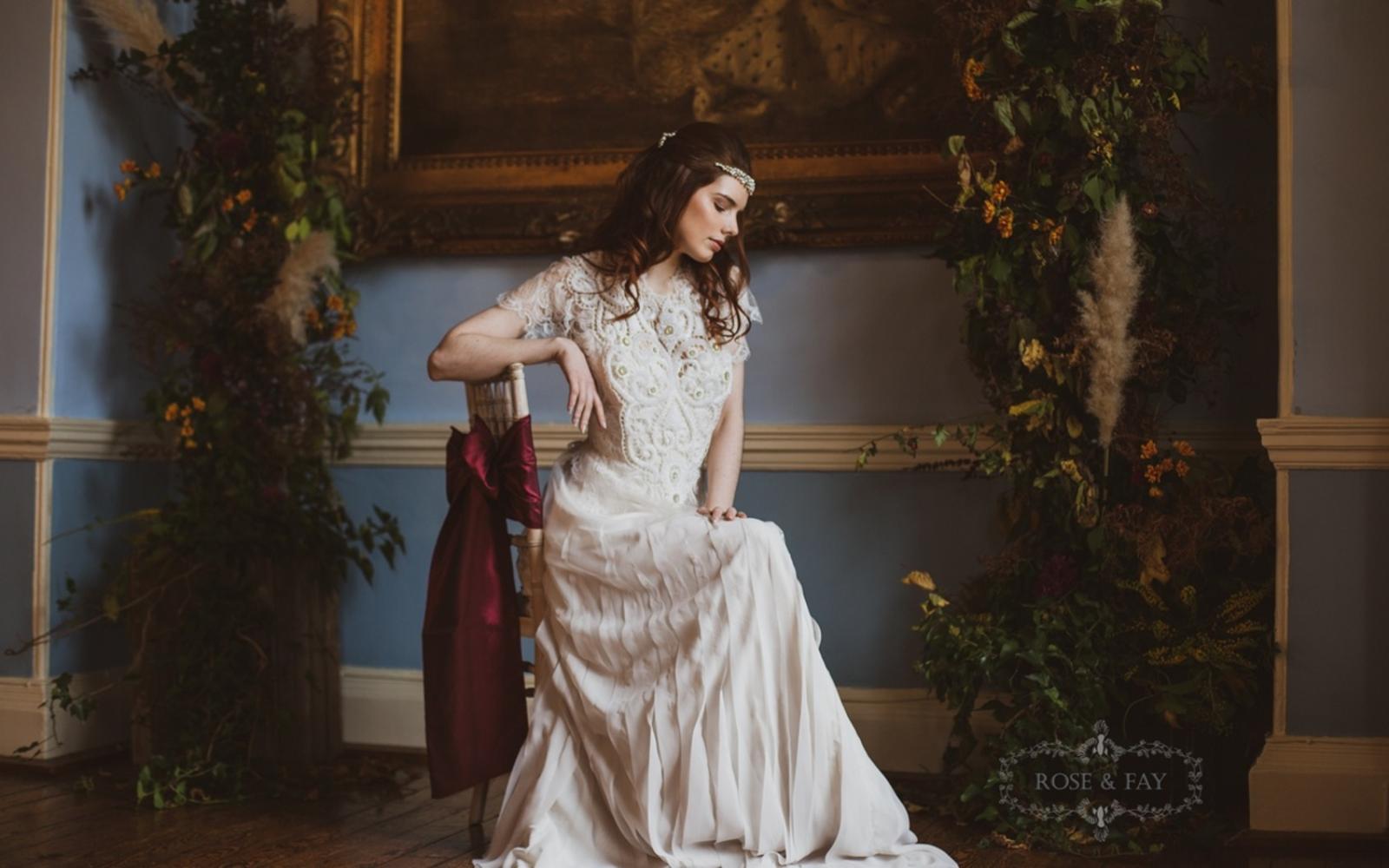 Styled Shot Avante Garde wedding venue Devizes Town Hall Whitewed Willoughby & Wolf Hibiscus & Hodge Pastel Designs classical whimsical autumnal rich flowing boho dress headband