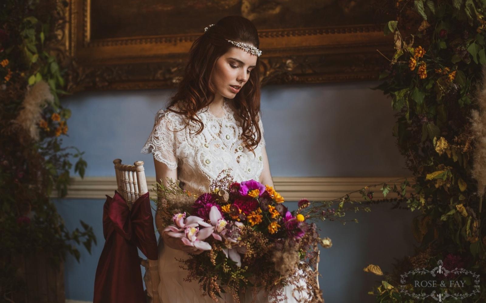 Styled Shot Avante Garde wedding venue Devizes Town Hall Whitewed Willoughby & Wolf Hibiscus & Hodge Pastel Designs classical whimsical autumnal rich bridal ideas burgundy pink yellow boho