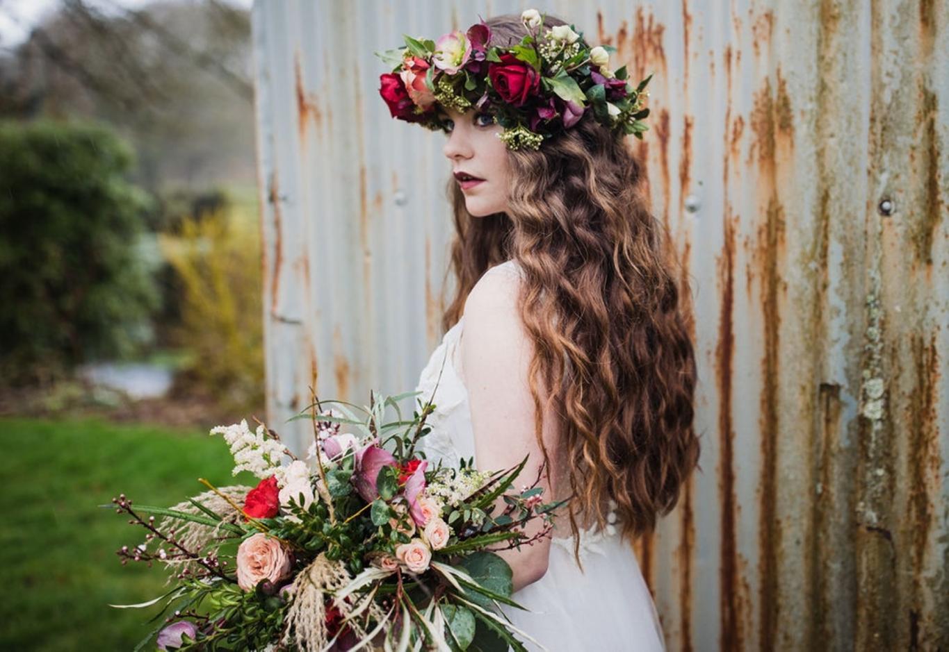 autumnal floral bridal bouquet and matching flower crown