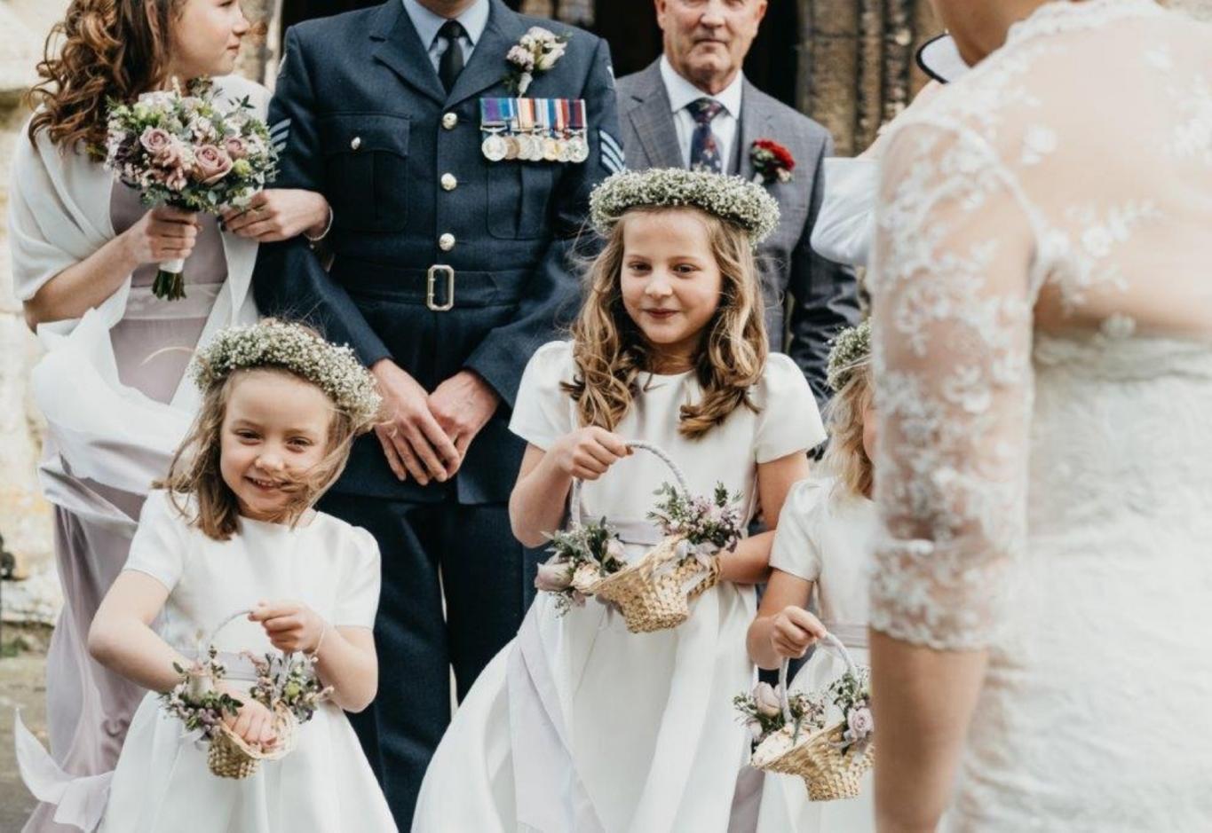 Corky and Prince Real Wedding florist and event stylist Gloucestershire Tipi venue Southrop Cotswolds flower girls fresh petals floral crowns