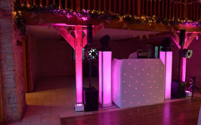 Disco Superstars Whitewed Directory approved bespoke professional full time mobile wedding DJ Swindon Wiltshire venue playlist online sound lighting uplighters  HD projected static animated monograms white booth set up