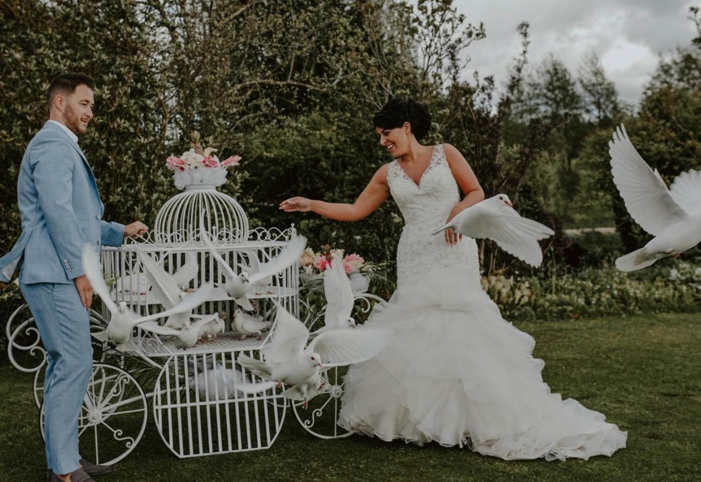Wrag Barn Golf and Country Club wedding venue Highworth Swindon Wiltshire fully licensed for civil ceremonies princess carriage with white doves for release Joanna Brooks Photography