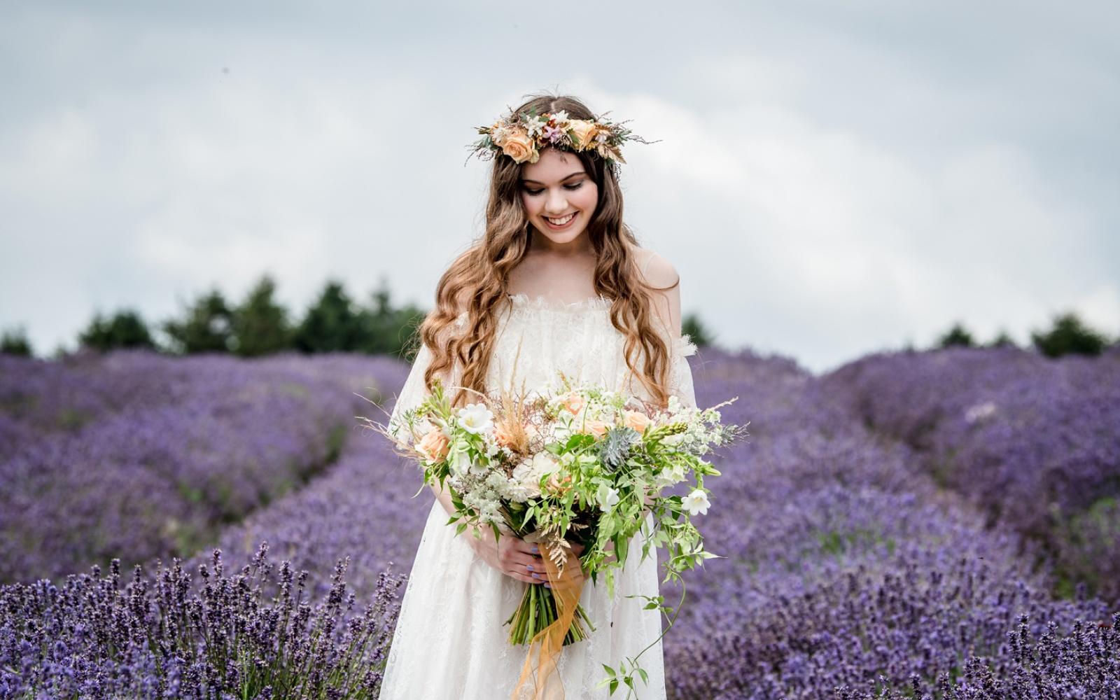 Styled Shoot ideas inspiration Capture Every Moment Make Up by Carissa Wendy House Flowers Willoughby Wolf lavender fields Snowshill Becky Pinker boho long curls