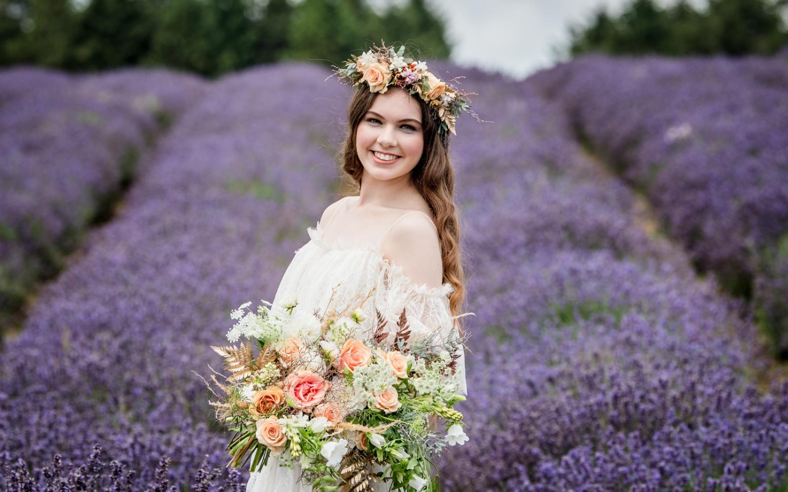 Styled Shoot ideas inspiration Capture Every Moment Make Up by Carissa Wendy House Flowers Willoughby Wolf lavender fields Snowshill floral crown david austen roses peach