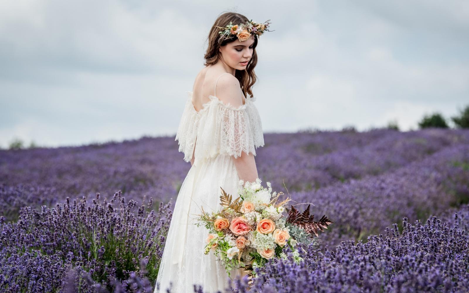 Styled Shoot ideas inspiration Capture Every Moment Make Up by Carissa Wendy House Flowers Willoughby Wolf lavender fields Snowshill flower crown bouquet peach boho style