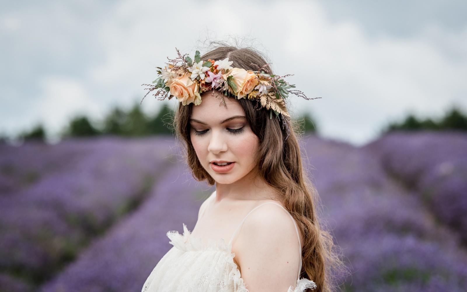 Styled Shoot ideas inspiration Capture Every Moment Make Up by Carissa Wendy House Flowers Willoughby Wolf lavender fields Snowshill soft look curls flower crown peach roses