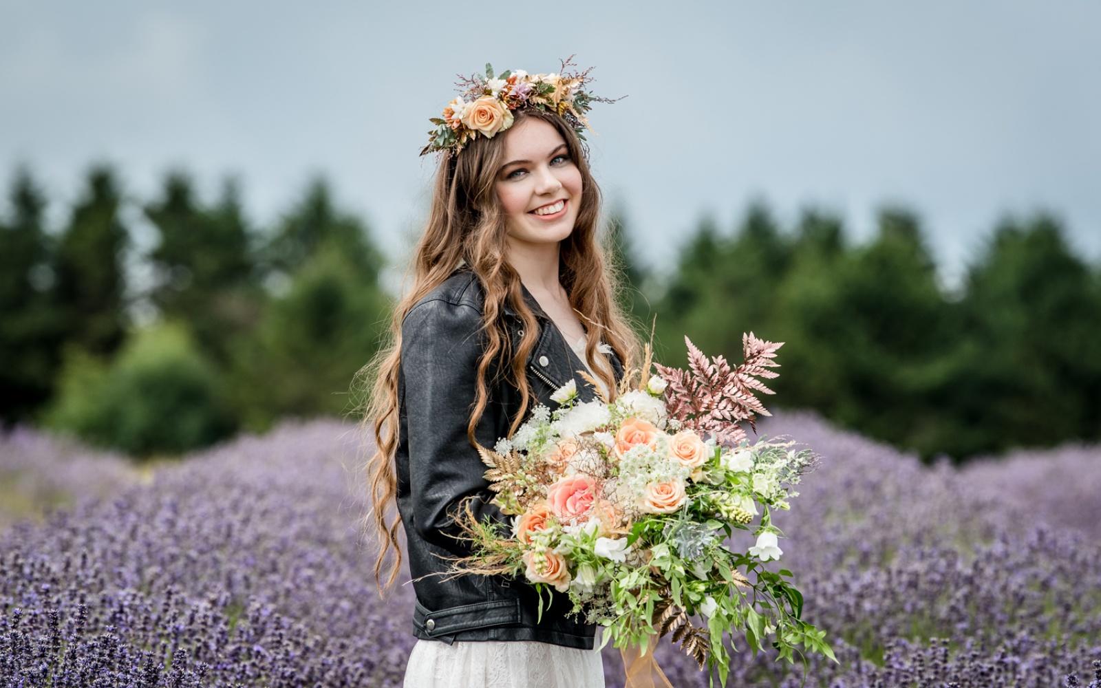 Styled Shoot ideas inspiration Capture Every Moment Make Up by Carissa Wendy House Flowers Willoughby Wolf lavender fields Snowshill black leather jacket bride goals long curls