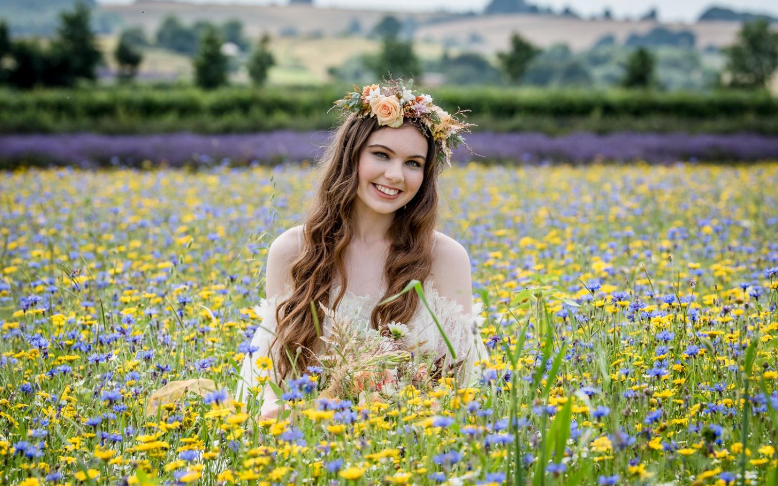 Styled Shoot ideas inspiration Capture Every Moment Make Up by Carissa Wendy House Flowers Willoughby Wolf lavender fields Snowshill wildflower meadow flower crown yellow blue