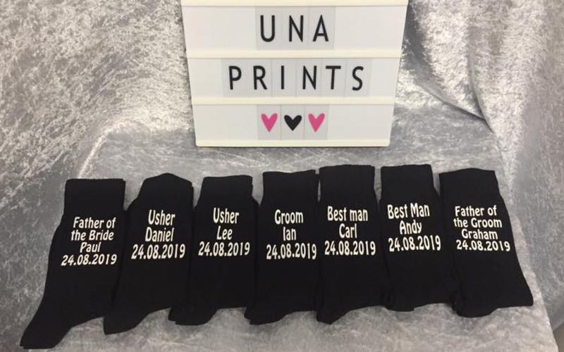UNA Prints Whitewed Directory approved studio bespoke personalised wedding gifts accessories theme colour scheme Swindon Wiltshire nationwide delivery personalised groom groomsmen socks