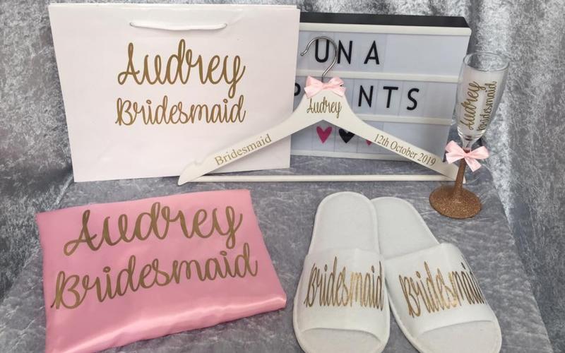 UNA Prints Whitewed Directory approved studio bespoke personalised wedding gifts accessories theme colour scheme Swindon Wiltshire nationwide delivery bridal party bridesmaid robe slippers champagne flute hangers