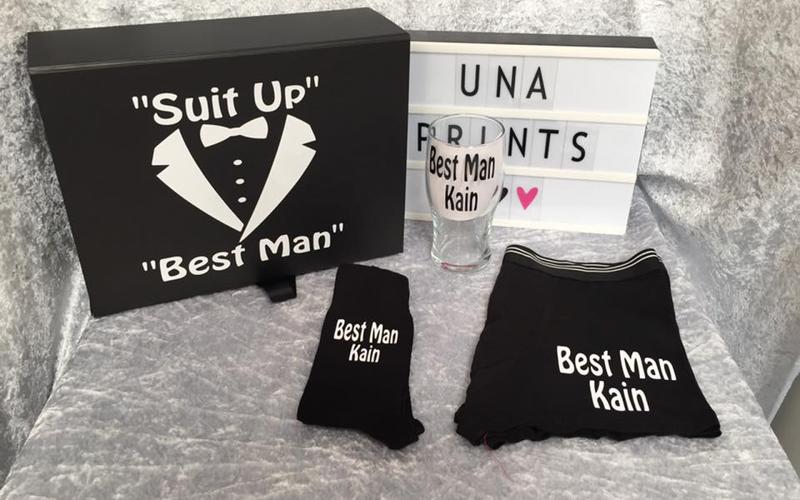 UNA Prints Whitewed Directory approved studio bespoke personalised wedding gifts accessories theme colour scheme Swindon Wiltshire nationwide delivery Groomsmen Best Man Groom Ushers socks pants pint glass