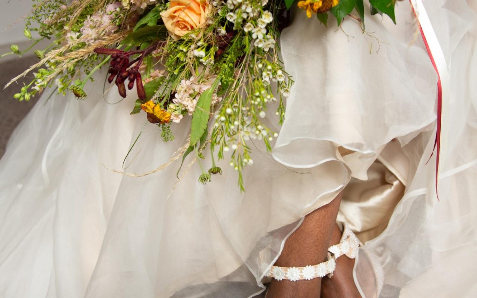 Autumn Ombre Elegance wedding inspiration Styled Shoot Bear Hotel Hungerford Dymond's Shoes & Accessories, Wendy House Flowers, Willoughby & Wolf daisy inspired shoes high heel tan bride