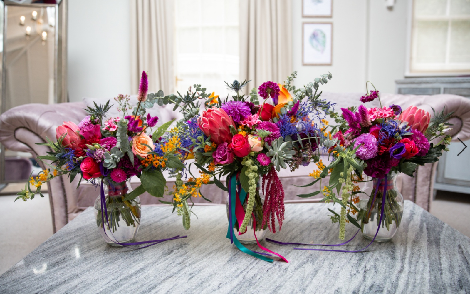Real Wedding inspiration Hibiscus & Hodge Flowers Devizes florist contemporary colourful jewel Summer Syrencot Wiltshire bridesmaid bouquets protea bright