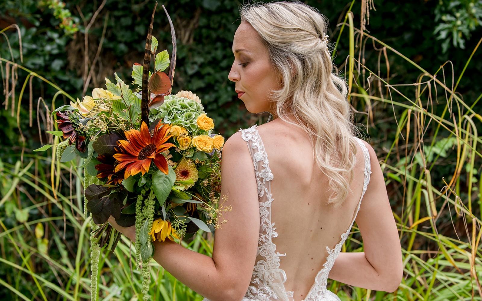 Make Up By Carissa makeup artist Cirencester Gloucestershire cruelty free make-up styled shoot Stratton House Cotswold v-back lace wedding gown loose waves in hair