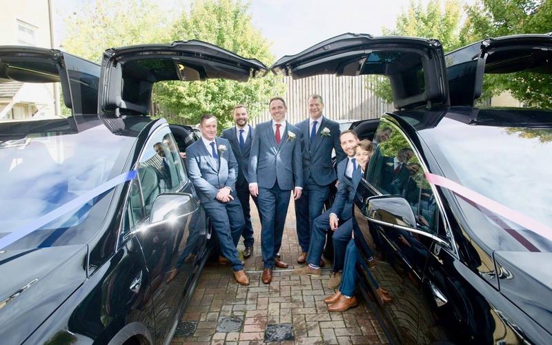 Executive E Cars Whitewed approved transport electric Tesla weddings private hire special events Corsham Wiltshire Groom Groomsmen Best Man Ushers Falcon Wing Doors